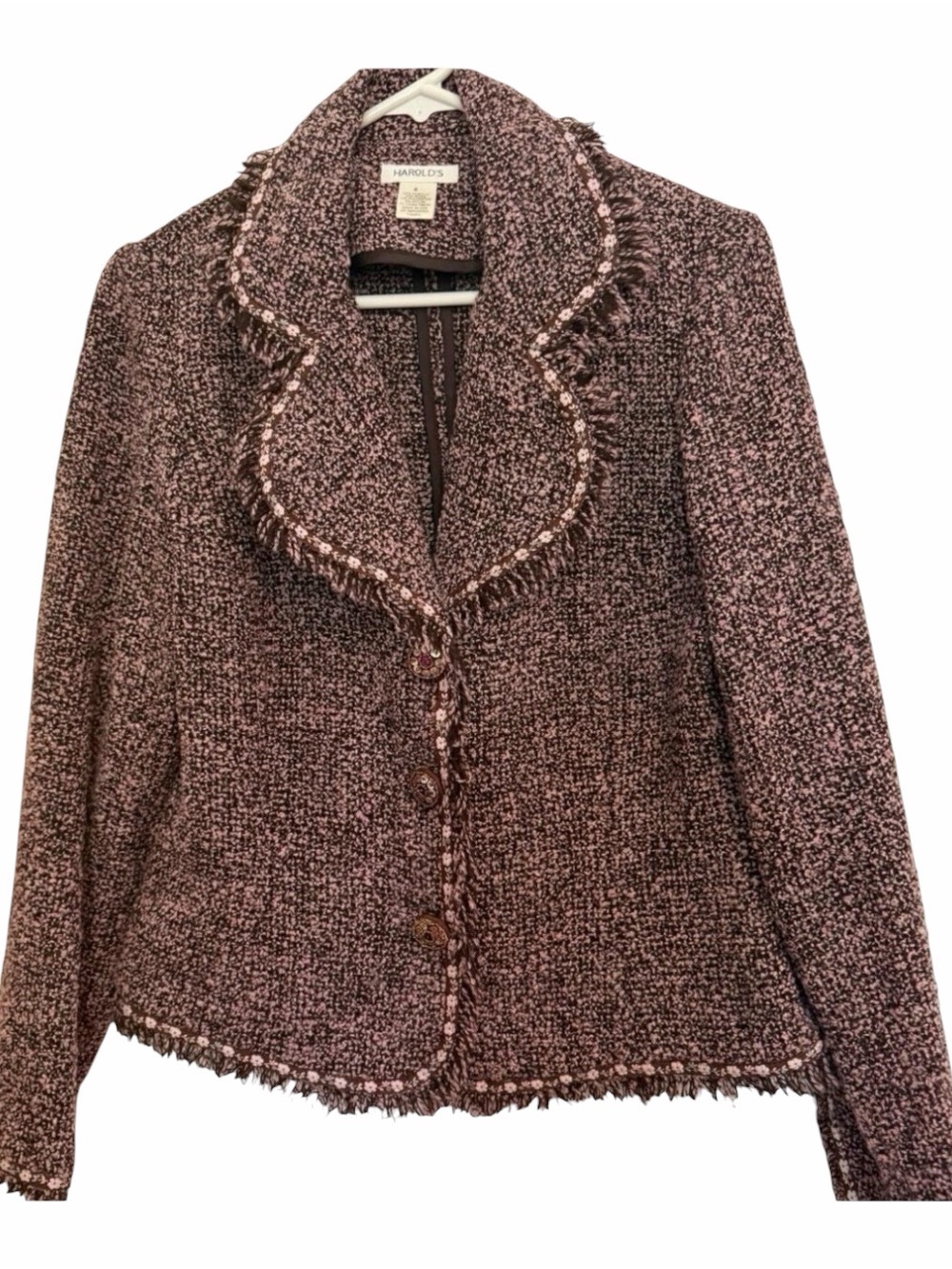 Harold's Blush Pink Tweed Fringed-Trim Jacket Blazer Size 8
